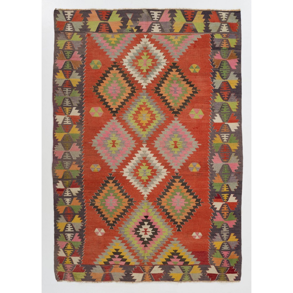 Colorful Vintage Turkish Kilim with Geometric Pattern, Flat-Weave Wool Rug