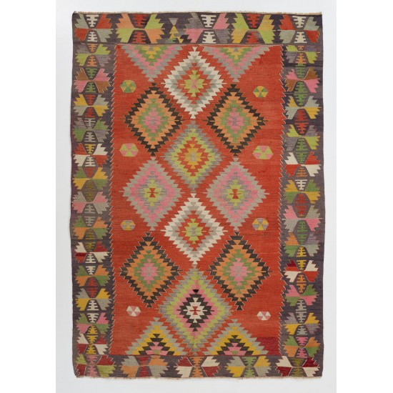 Colorful Vintage Turkish Kilim with Geometric Pattern, Flat-Weave Wool Rug