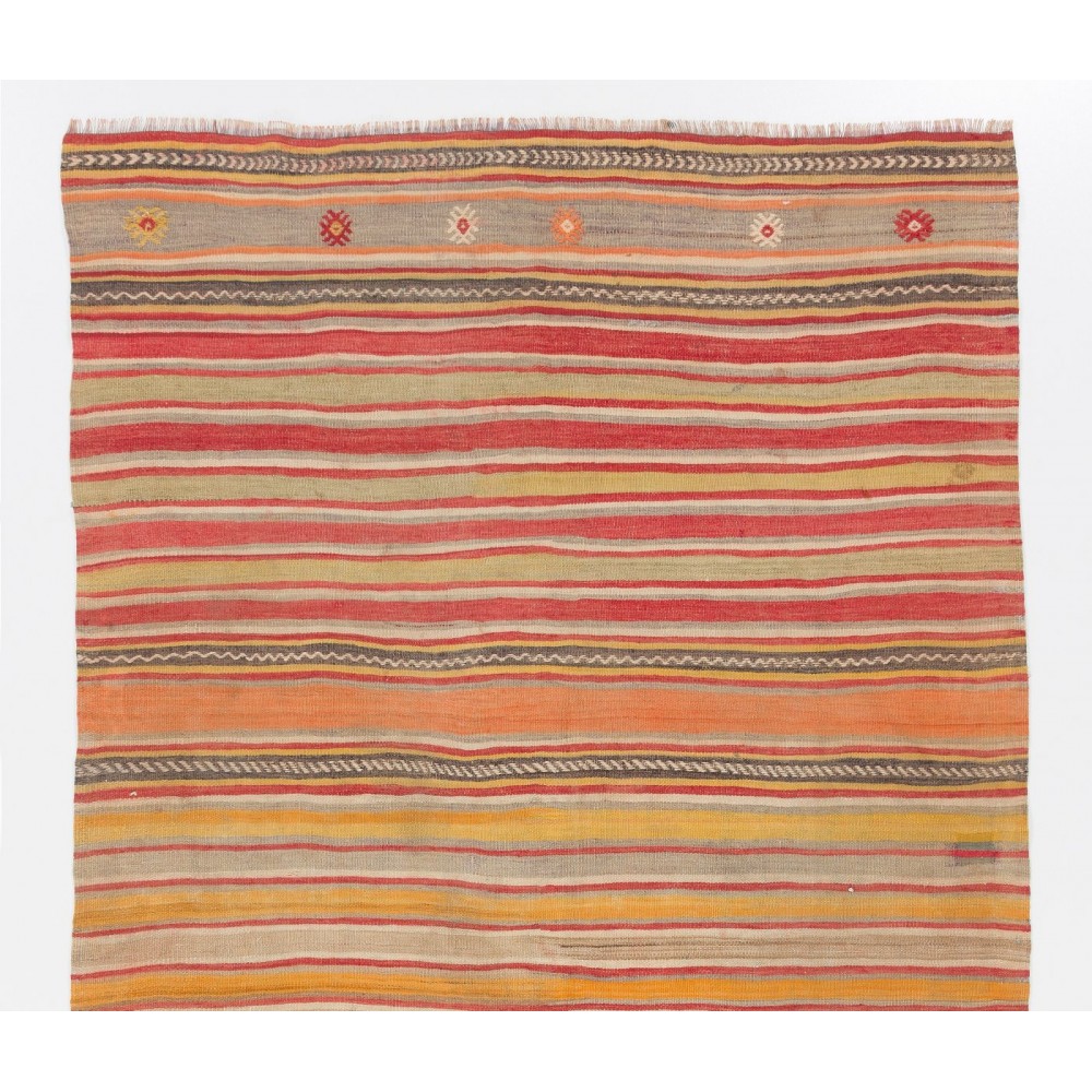 Hand-Woven Vintage Striped Turkish Kilim (Flat-weave), 100% Wool