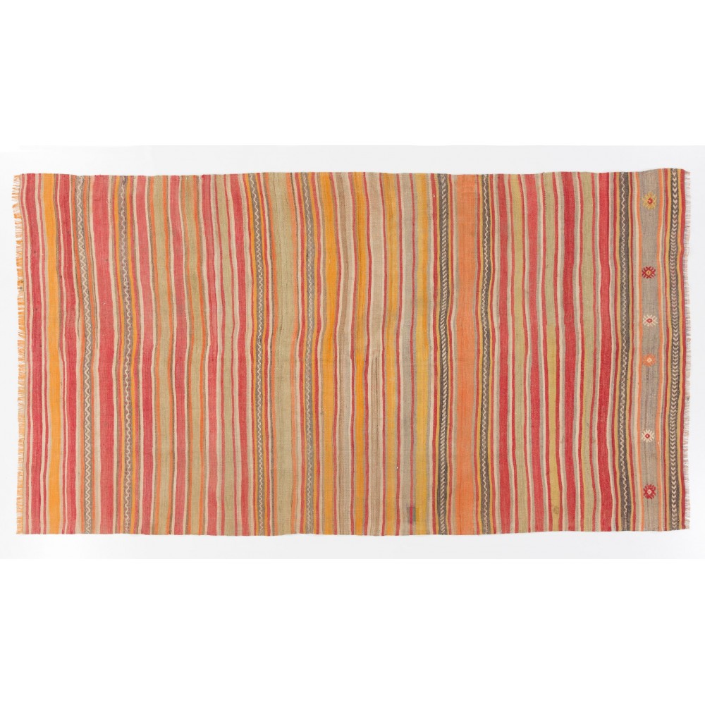 Hand-Woven Vintage Striped Turkish Kilim (Flat-weave), 100% Wool