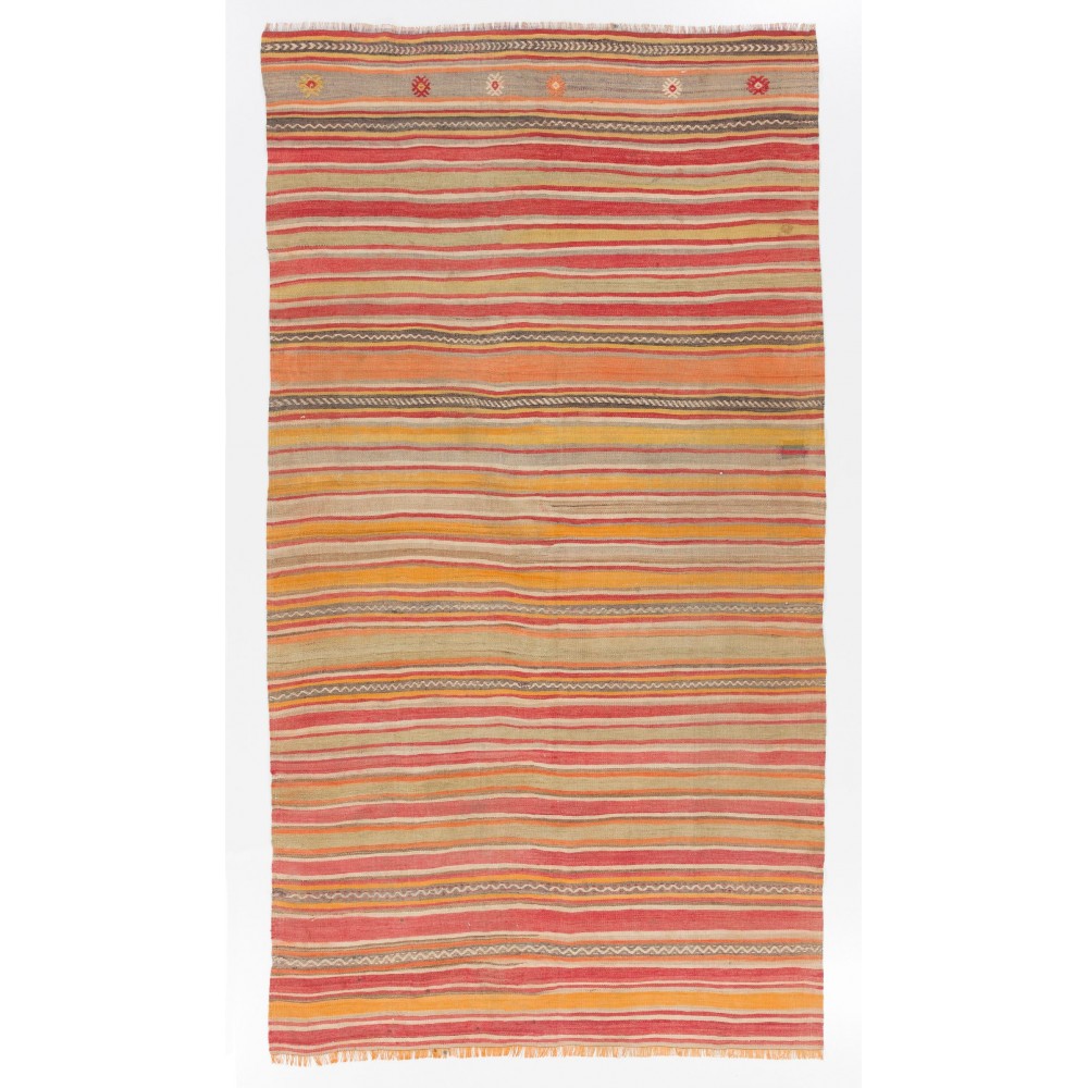 Hand-Woven Vintage Striped Turkish Kilim (Flat-weave), 100% Wool