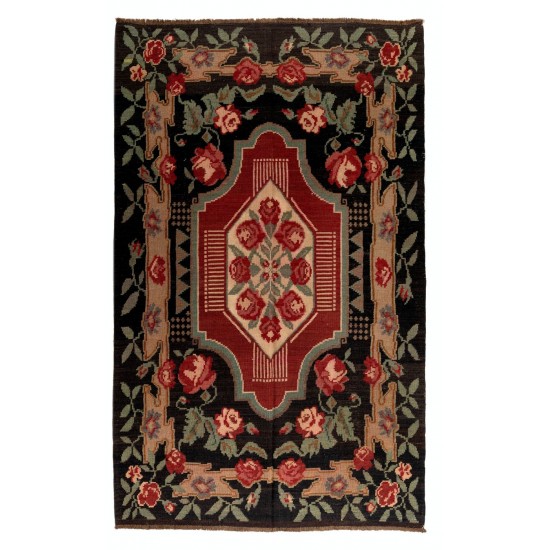 Flower Design Tapestry. Hand-Woven Vintage Eastern European Bessarabian Kilim Rug, 100% Organic Wool and Natural Dyes