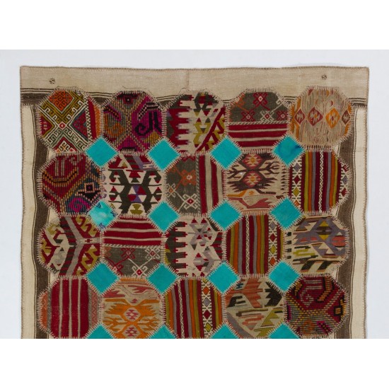 Vintage Handmade Turkish Patchwork Village Kilim Rug (Flat-Weave)