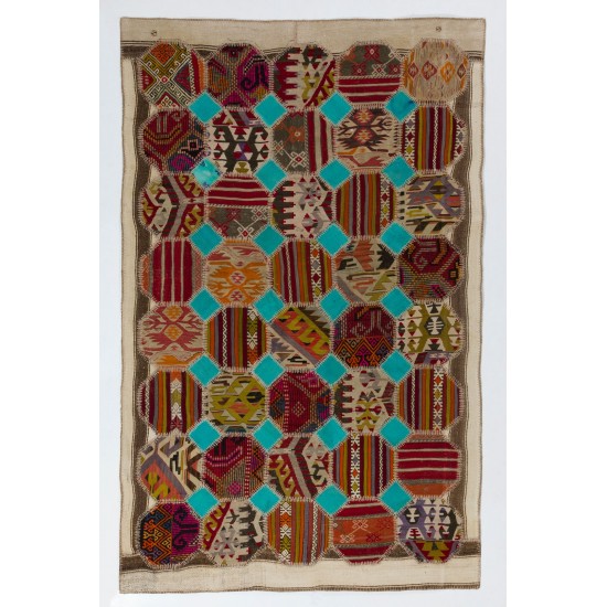 Vintage Handmade Turkish Patchwork Village Kilim Rug (Flat-Weave)