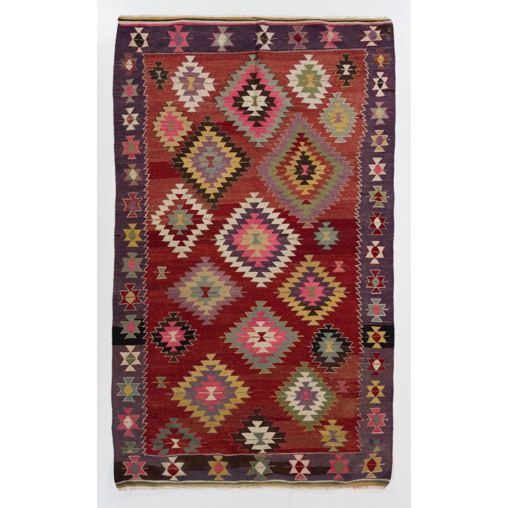 Colorful Vintage Turkish Kilim, Flat-Weave Wool Rug