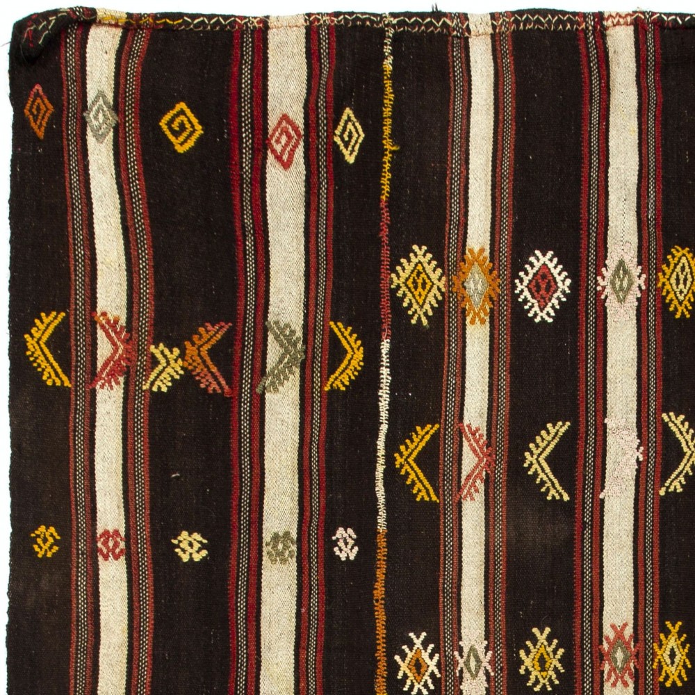 Hand-Woven Vintage Banded Nomadic Kilim, Flat-Weave Turkish Wool Rug
