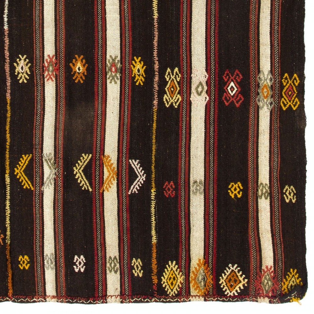 Hand-Woven Vintage Banded Nomadic Kilim, Flat-Weave Turkish Wool Rug