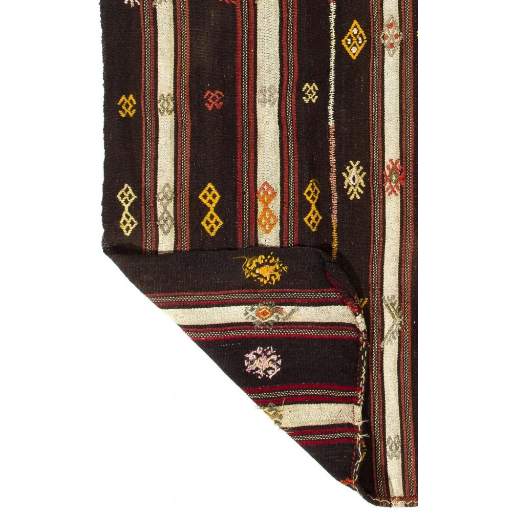 Hand-Woven Vintage Banded Nomadic Kilim, Flat-Weave Turkish Wool Rug