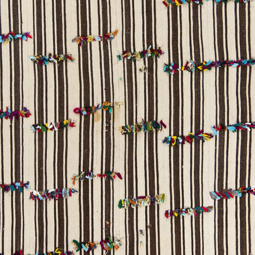 Banded Natural Wool Kilim Rug with Colorful Poms