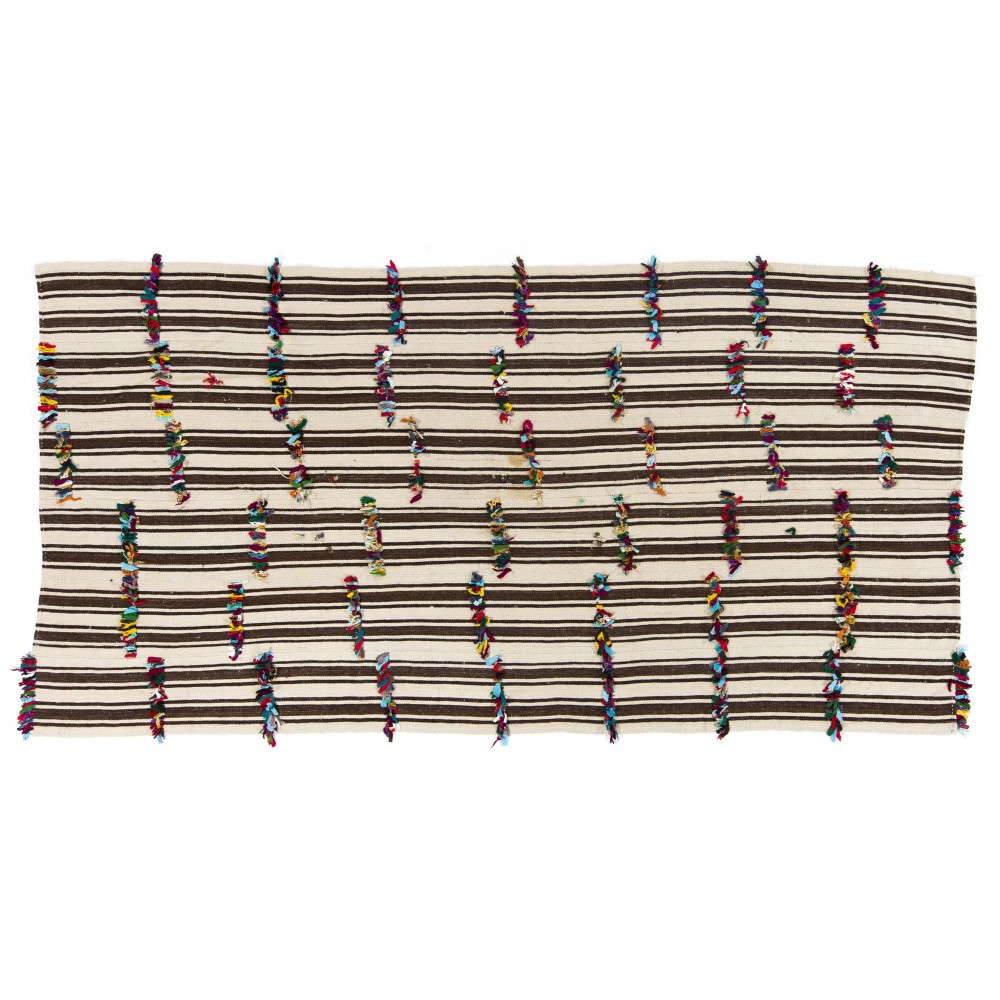 Banded Natural Wool Kilim Rug with Colorful Poms