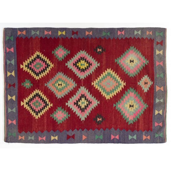 Colorful Vintage Western Anatolian Kilim, Flat-Weave Wool Rug