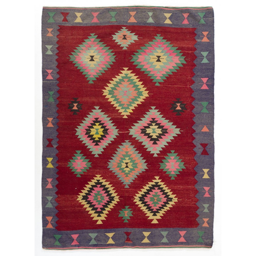 Colorful Vintage Western Anatolian Kilim, Flat-Weave Wool Rug