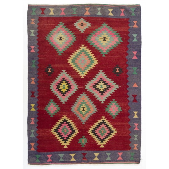 Colorful Vintage Western Anatolian Kilim, Flat-Weave Wool Rug