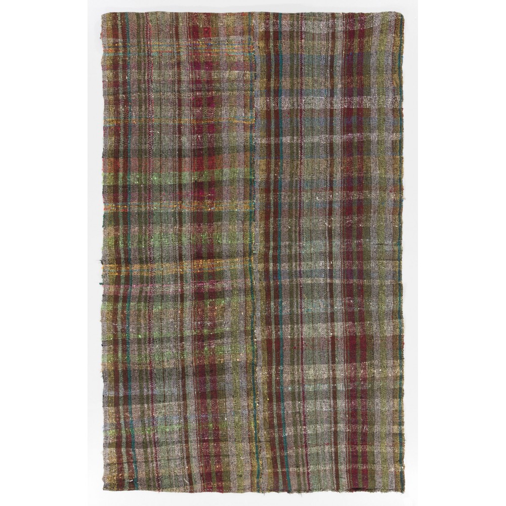 Vintage Handmade Banded Kilim Made of Goat Hair & Wool. Flatweave Rug, Reversible