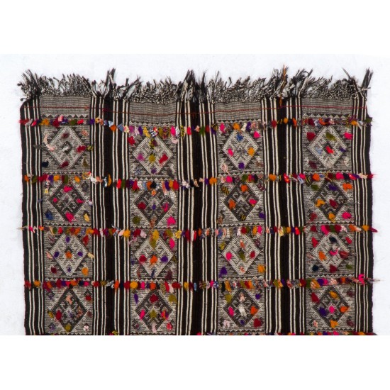 Hand-woven Vintage Central Anatolian Kilim (Flat-weave) with Colorful Pomps