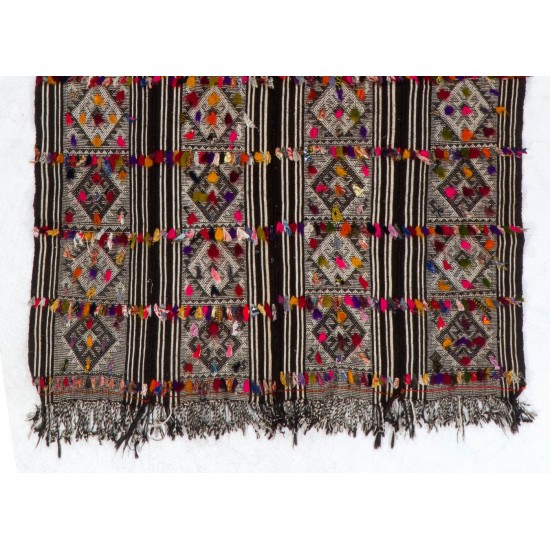 Hand-woven Vintage Central Anatolian Kilim (Flat-weave) with Colorful Pomps