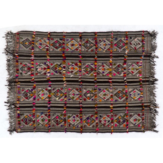 Hand-woven Vintage Central Anatolian Kilim (Flat-weave) with Colorful Pomps