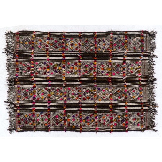 Hand-woven Vintage Central Anatolian Kilim (Flat-weave) with Colorful Pomps Hand-woven Vintage Central Anatolian Kilim (Flat-weave) with Colorful Pomps