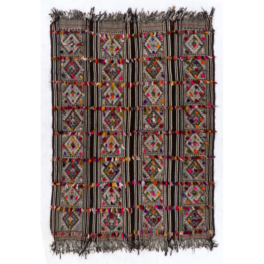 Hand-woven Vintage Central Anatolian Kilim (Flat-weave) with Colorful Pomps