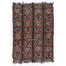 Hand-woven Vintage Central Anatolian Kilim (Flat-weave) with Colorful Pomps