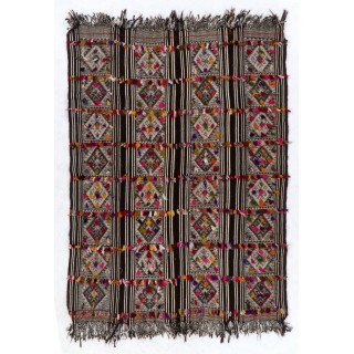Hand-woven Vintage Central Anatolian Kilim (Flat-weave) with Colorful Pomps