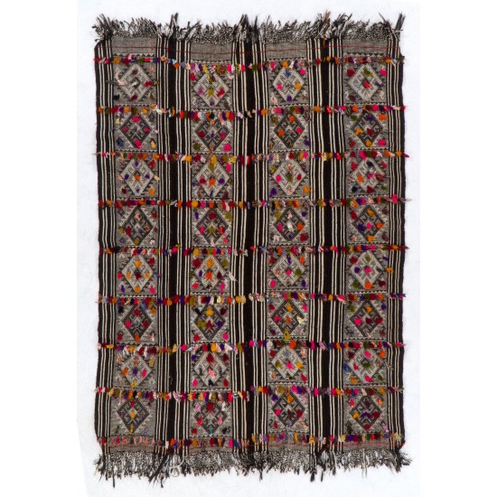 Hand-woven Vintage Central Anatolian Kilim (Flat-weave) with Colorful Pomps