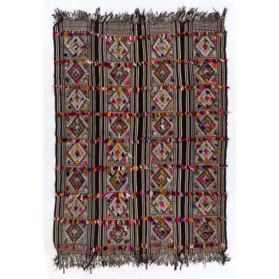 Hand-woven Vintage Central Anatolian Kilim (Flat-weave) with Colorful Pomps Hand-woven Vintage Central Anatolian Kilim (Flat-weave) with Colorful Pomps