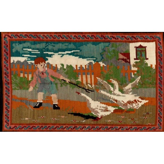 Handmade Bessarabian Kilim, Vintage Rug. Pictorial Tapestry. All Wool