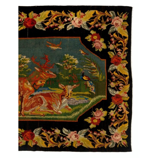 Decorative Hand-Woven Vintage Floral Tapestry. Eastern European Bessarabian Kilim Rug, 100% Wool