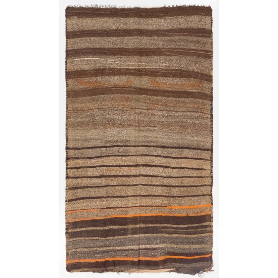 Banded Vintage Anatolian Kilim Runner. Brown, Gray, Orange color wool Banded Vintage Anatolian Kilim Runner. Brown, Gray, Orange color wool