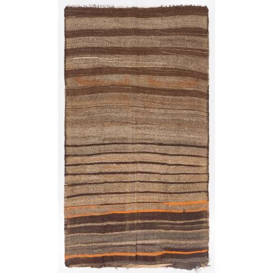 Banded Vintage Anatolian Kilim Runner. Brown, Gray, Orange color wool