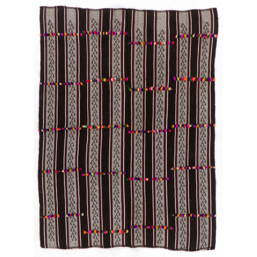 Vintage Banded Turkish Kilim Rug 'Flat-Weave' Made of Natural Wool
