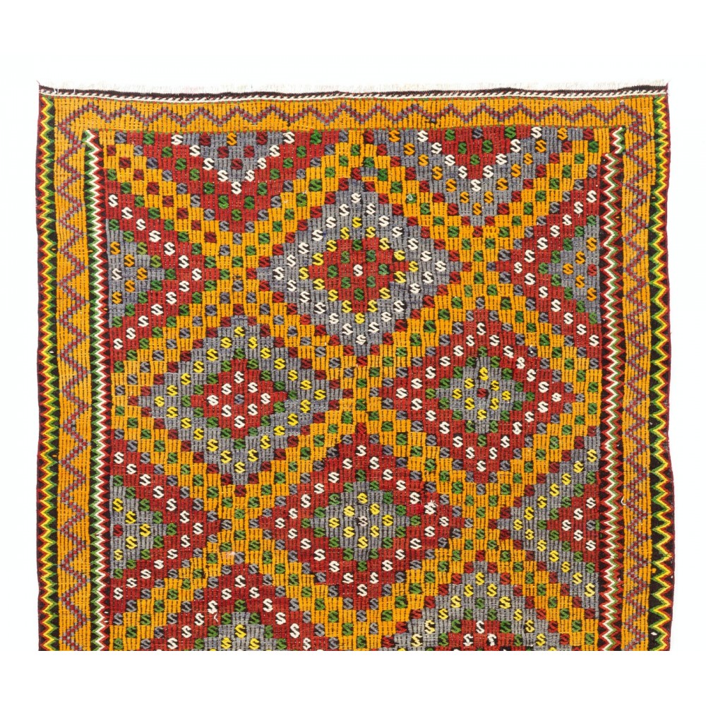 Dazzling Vintage Anatolian Kilim. Flatweave Rug. Red, Yellow, Green, Gray Colors