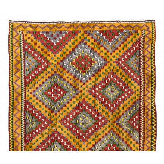 Dazzling Vintage Anatolian Kilim. Flatweave Rug. Red, Yellow, Green, Gray Colors