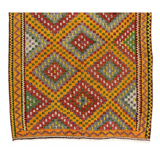 Dazzling Vintage Anatolian Kilim. Flatweave Rug. Red, Yellow, Green, Gray Colors