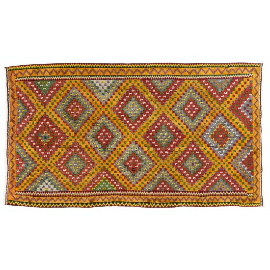 Dazzling Vintage Anatolian Kilim. Flatweave Rug. Red, Yellow, Green, Gray Colors