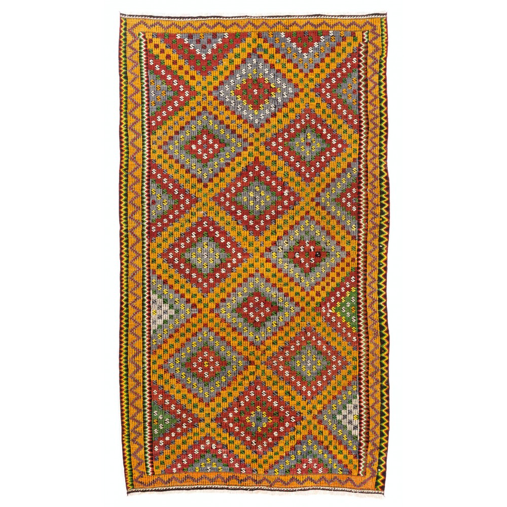 Dazzling Vintage Anatolian Kilim. Flatweave Rug. Red, Yellow, Green, Gray Colors