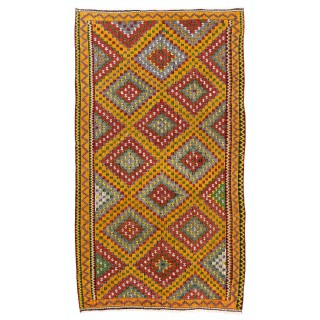 Dazzling Vintage Anatolian Kilim. Flatweave Rug. Red, Yellow, Green, Gray Colors