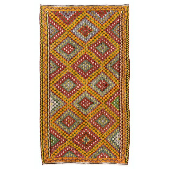 Dazzling Vintage Anatolian Kilim. Flatweave Rug. Red, Yellow, Green, Gray Colors