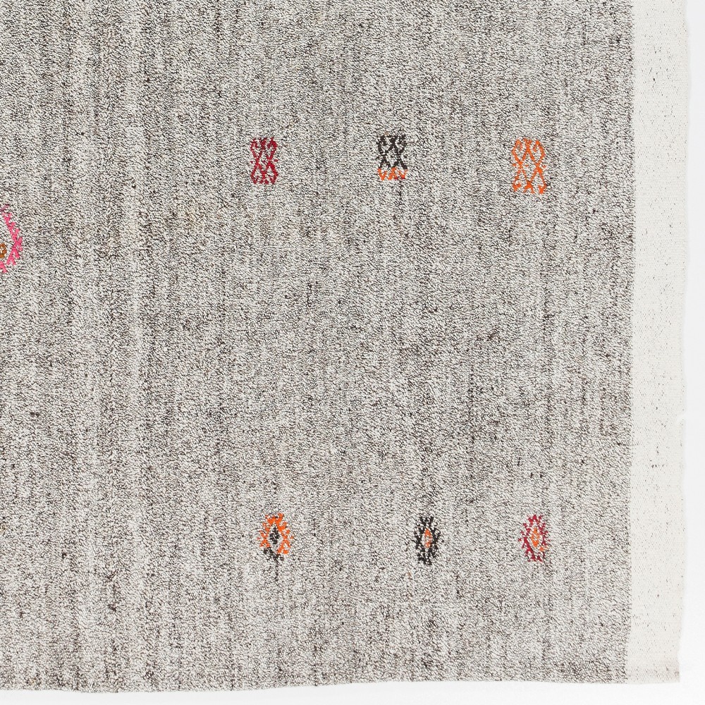 Vintage Handwoven Turkish Kilim, Neutral Gray Flatweave Wool Rug with Colorful Motifs