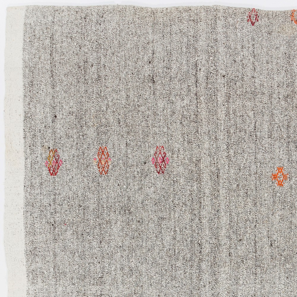 Vintage Handwoven Turkish Kilim, Neutral Gray Flatweave Wool Rug with Colorful Motifs