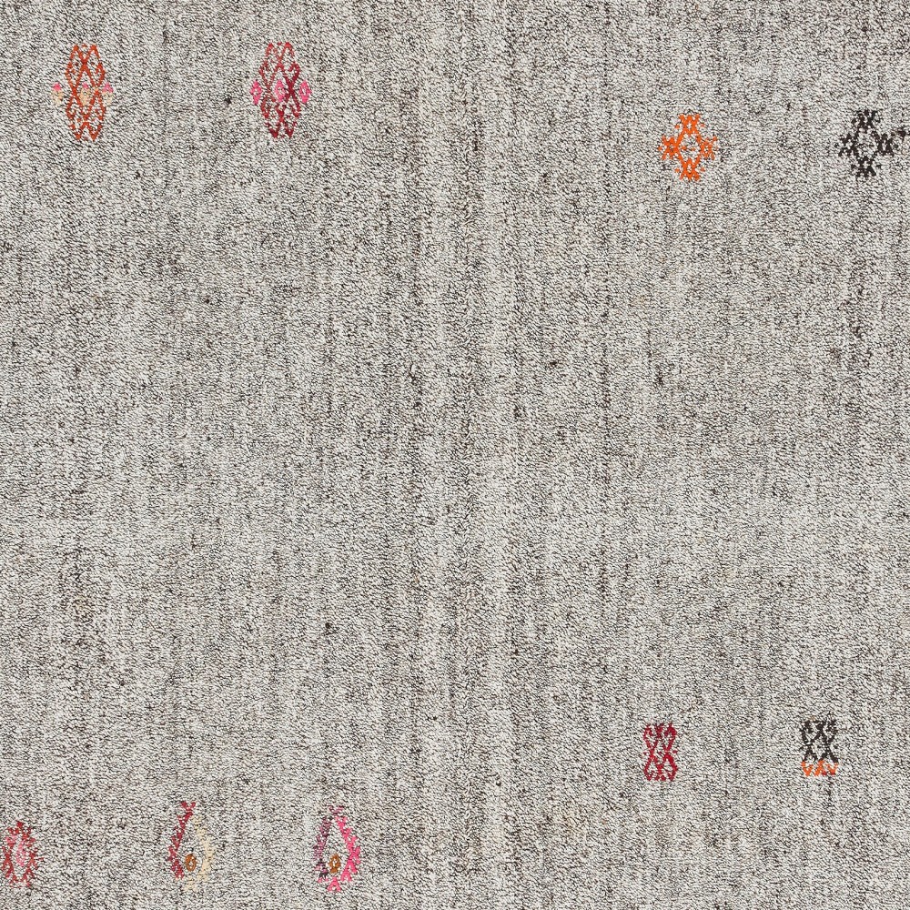 Vintage Handwoven Turkish Kilim, Neutral Gray Flatweave Wool Rug with Colorful Motifs