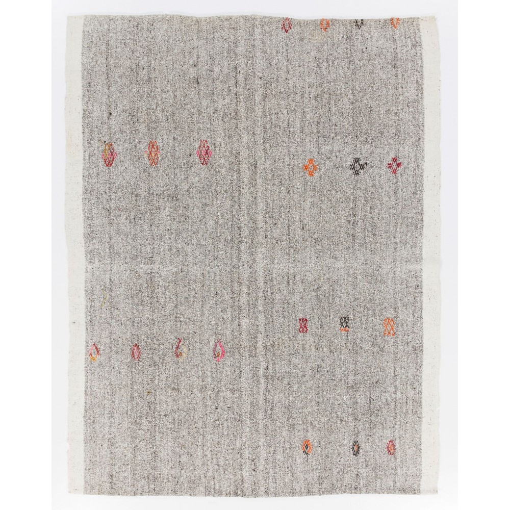 Vintage Goat Hair and Hemp Kilim, Handmade Turkish Kilim Rug in Gray Color