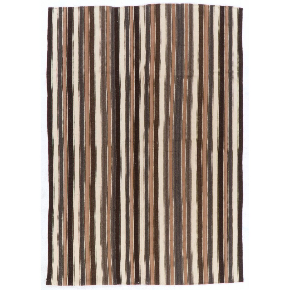 Hand-woven Vintage Anatolian Kilim (Flat-weave) with Vertical Bands, All Wool