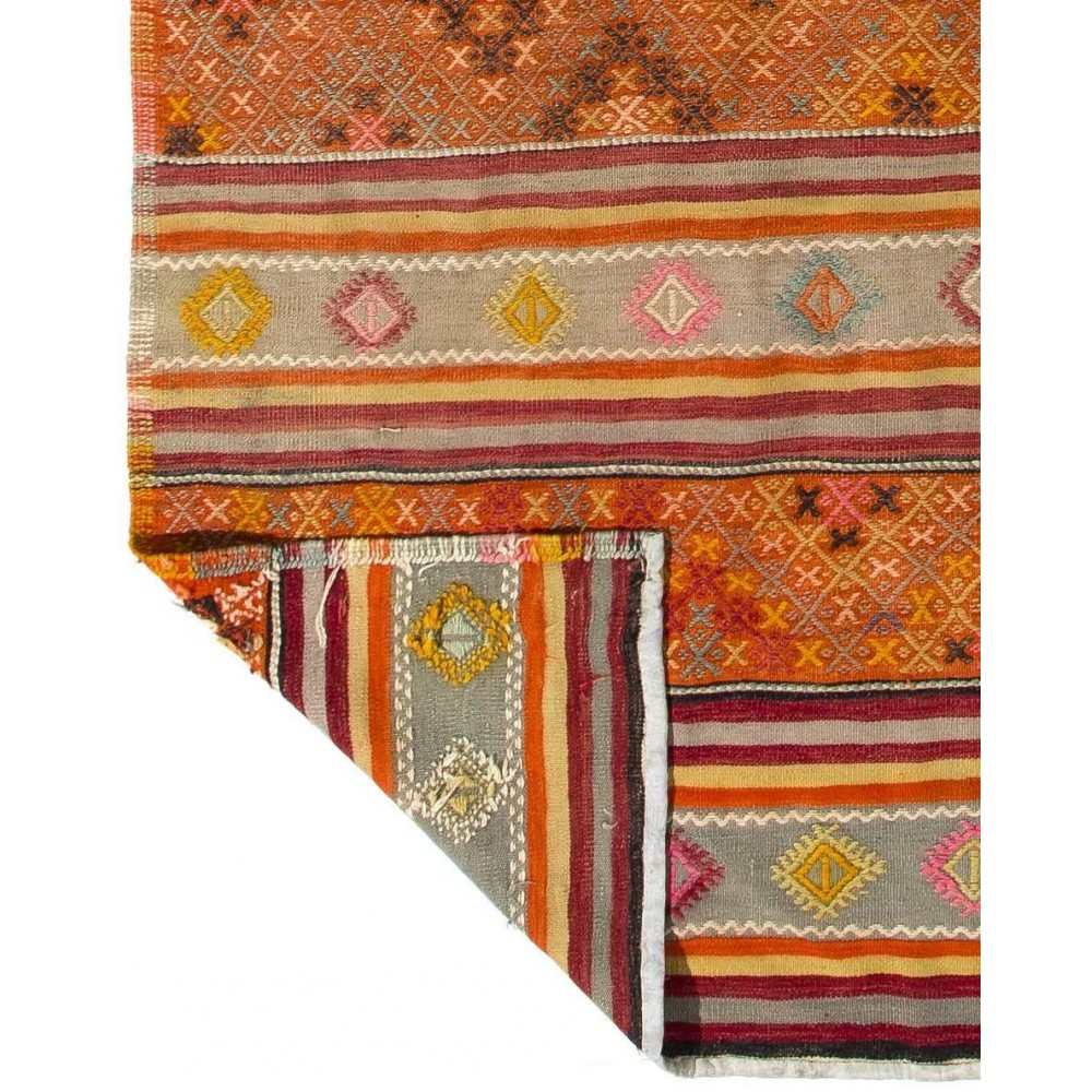 Vintage Handwoven Turkish Kilim, Colorful Striped Flatweave Rug with Geometric Motifs, 100% Wool