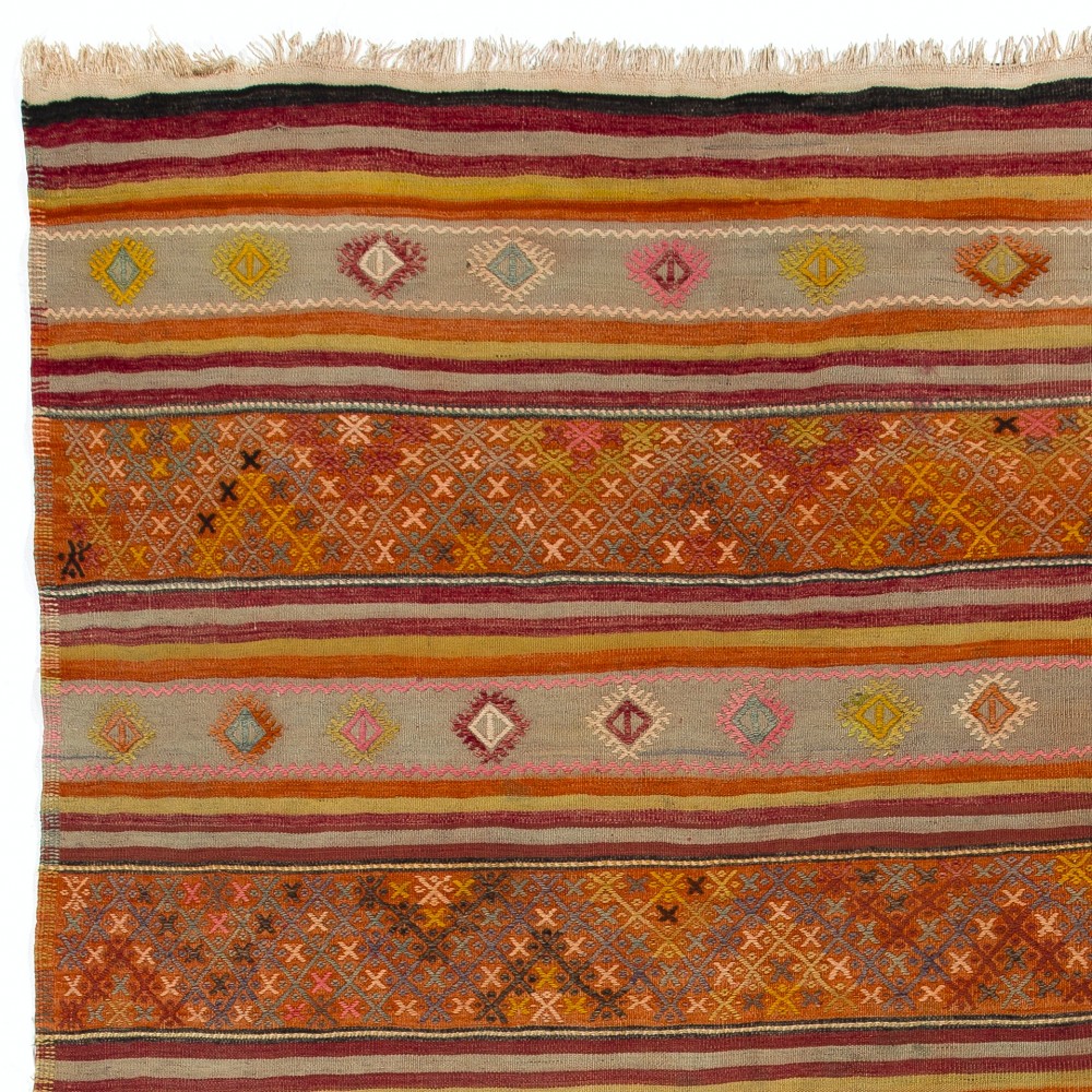 Vintage Handwoven Turkish Kilim, Colorful Striped Flatweave Rug with Geometric Motifs, 100% Wool