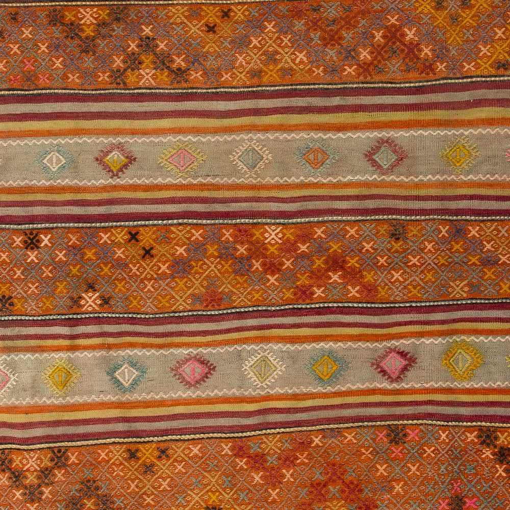 Vintage Handwoven Turkish Kilim, Colorful Striped Flatweave Rug with Geometric Motifs, 100% Wool