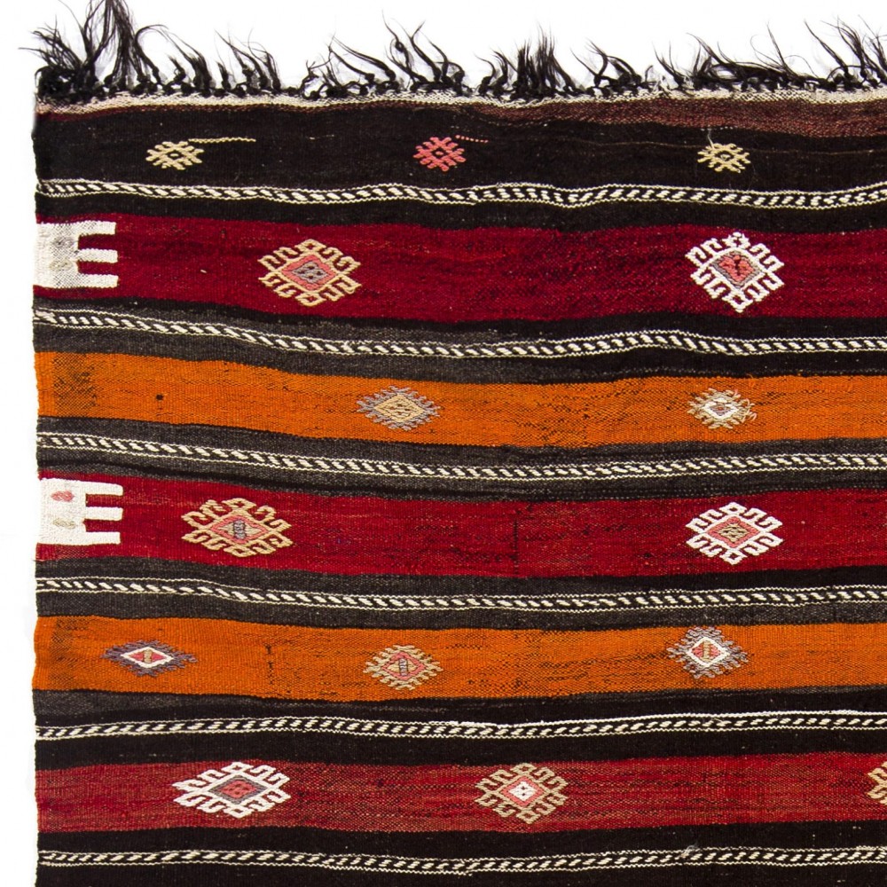 Banded Vintage Handmade Anatolian Kilim, Flat-weave Rug, Red, Orange & Black colors