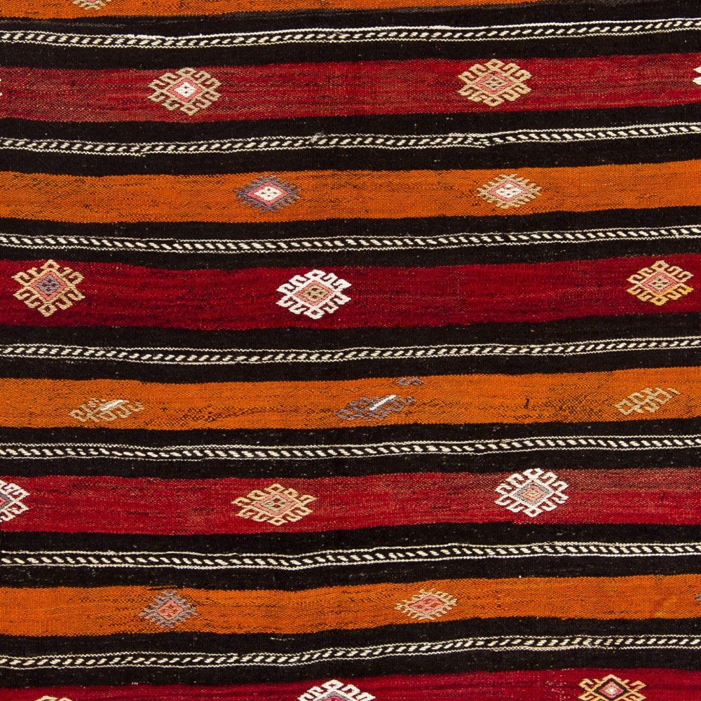 Banded Vintage Handmade Anatolian Kilim, Flat-weave Rug, Red, Orange & Black colors