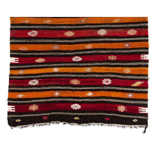 Banded Vintage Handmade Anatolian Kilim, Flat-weave Rug, Red, Orange & Black colors
